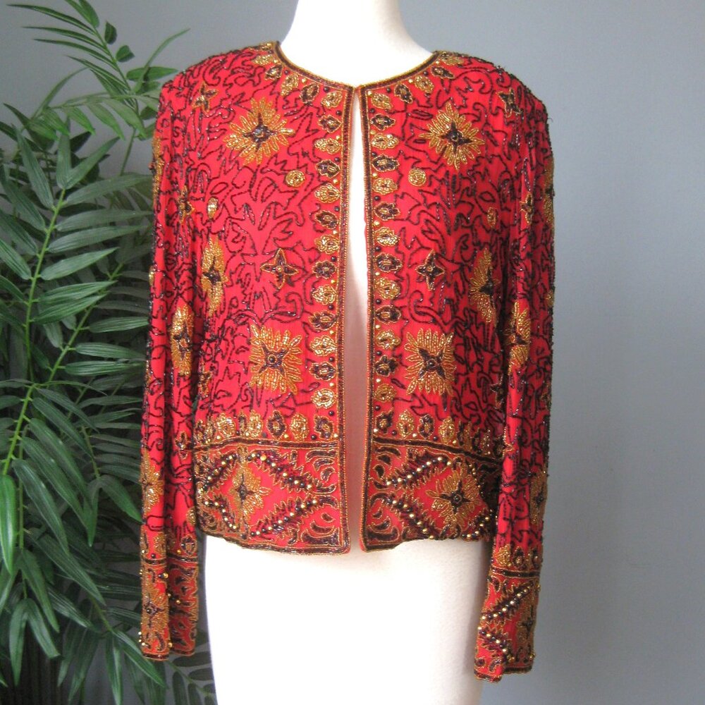 Beaded Jacket / Vtg 90s / Papell Boutique Evening Jacket red gold beaded